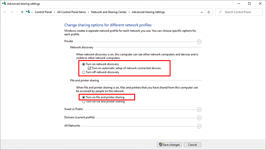 Advanced Sharing Settings screen